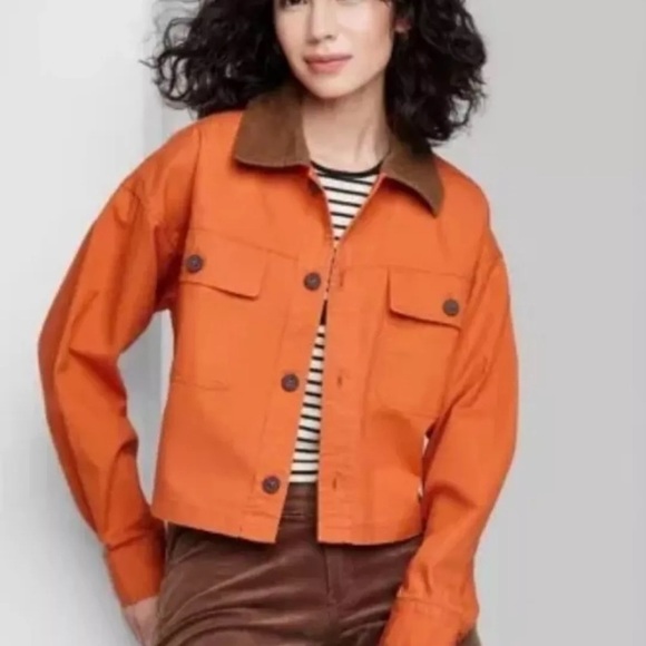 NWT Women' Cropped Canva Surplus Shacket - Wild Fable™ rust with corduroy collar - Picture 2 of 12